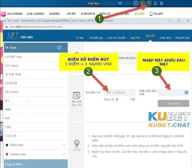 Hướng dẫn rút tiền Kubet trên máy tính